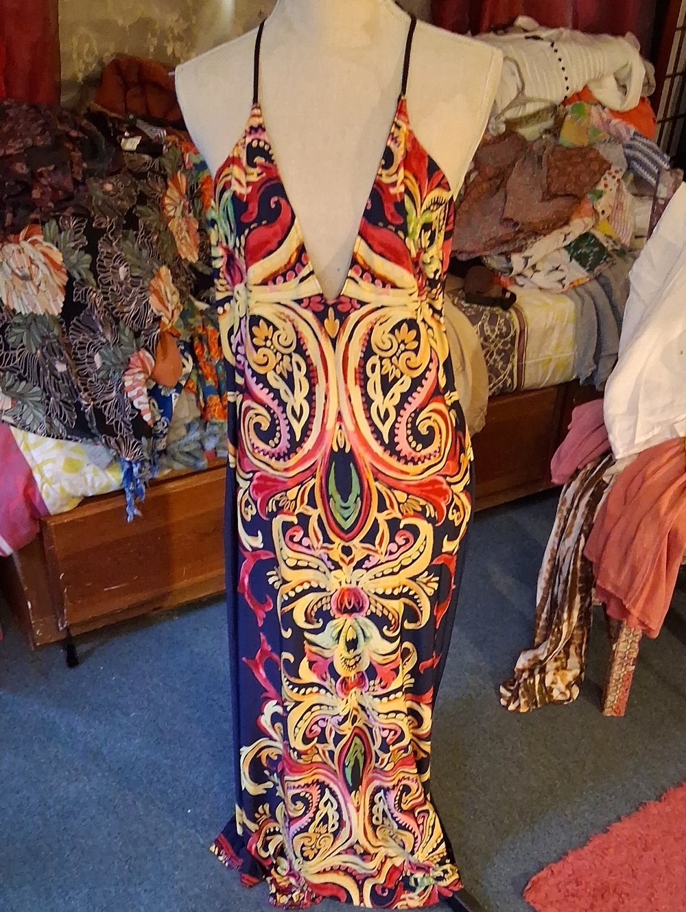 VENUS Navy and Multicolor Printed Plunging Maxi Dress - Picture 2 of 7